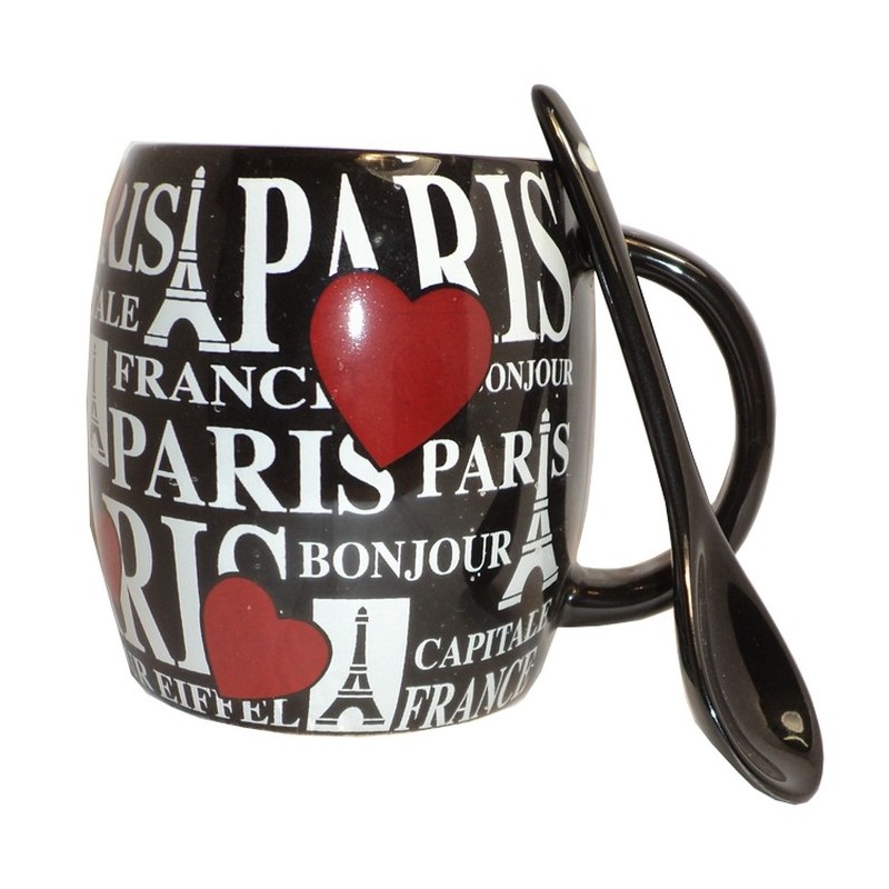 Paris heart mug with spoon - black