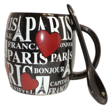 Paris heart mug with spoon - black