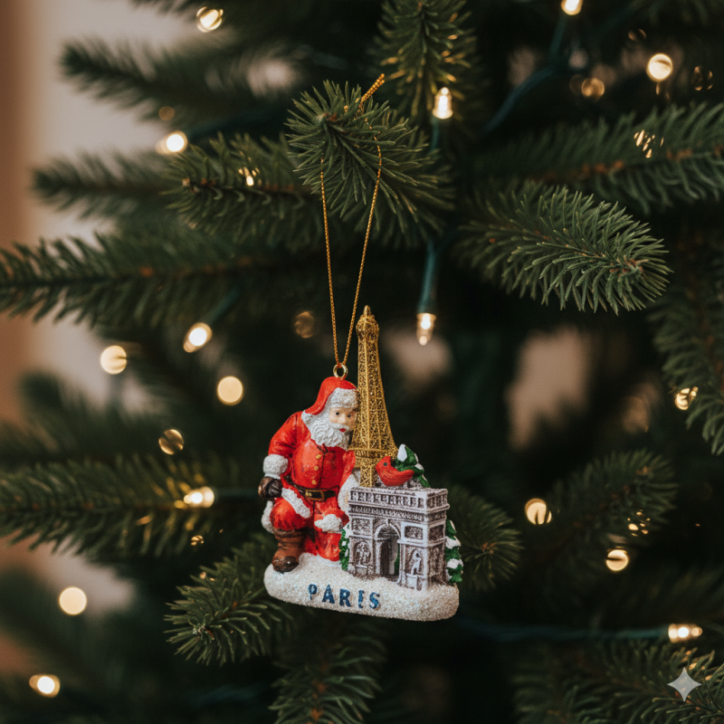 Ornement Père Noël Paris avec Tour Eiffel et Arc de Triomphe en résine
