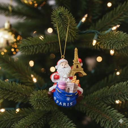 Santa with Paris monuments bag and golden Eiffel Tower - resin ornament