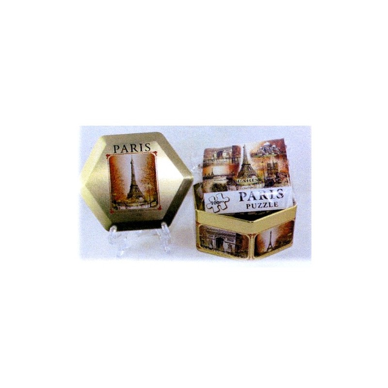 100-piece Eiffel Tower puzzle in gold metal box